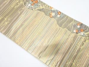 リサイクル　よろけ縞に草花・流水模様織り出し袋帯